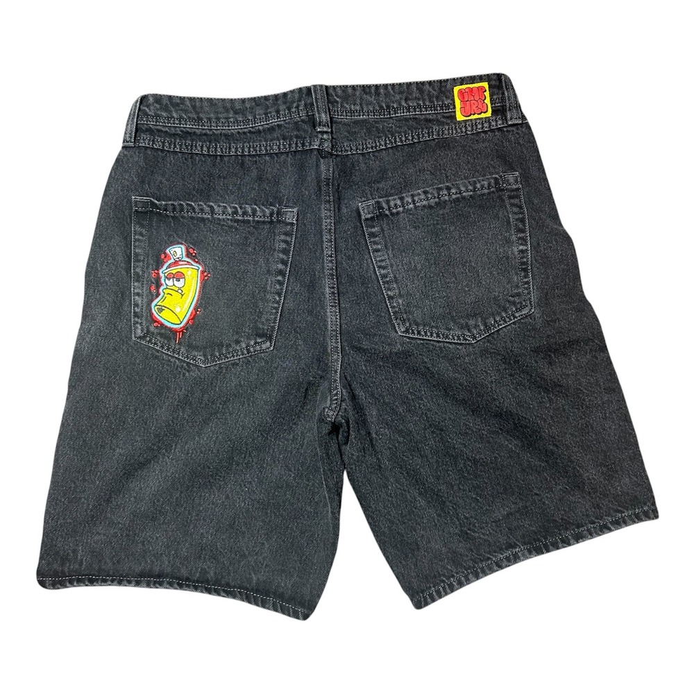 Empyre Mens Black Denim Shorts Size 34 Spray Can Graffiti Skate Baggy Cargo